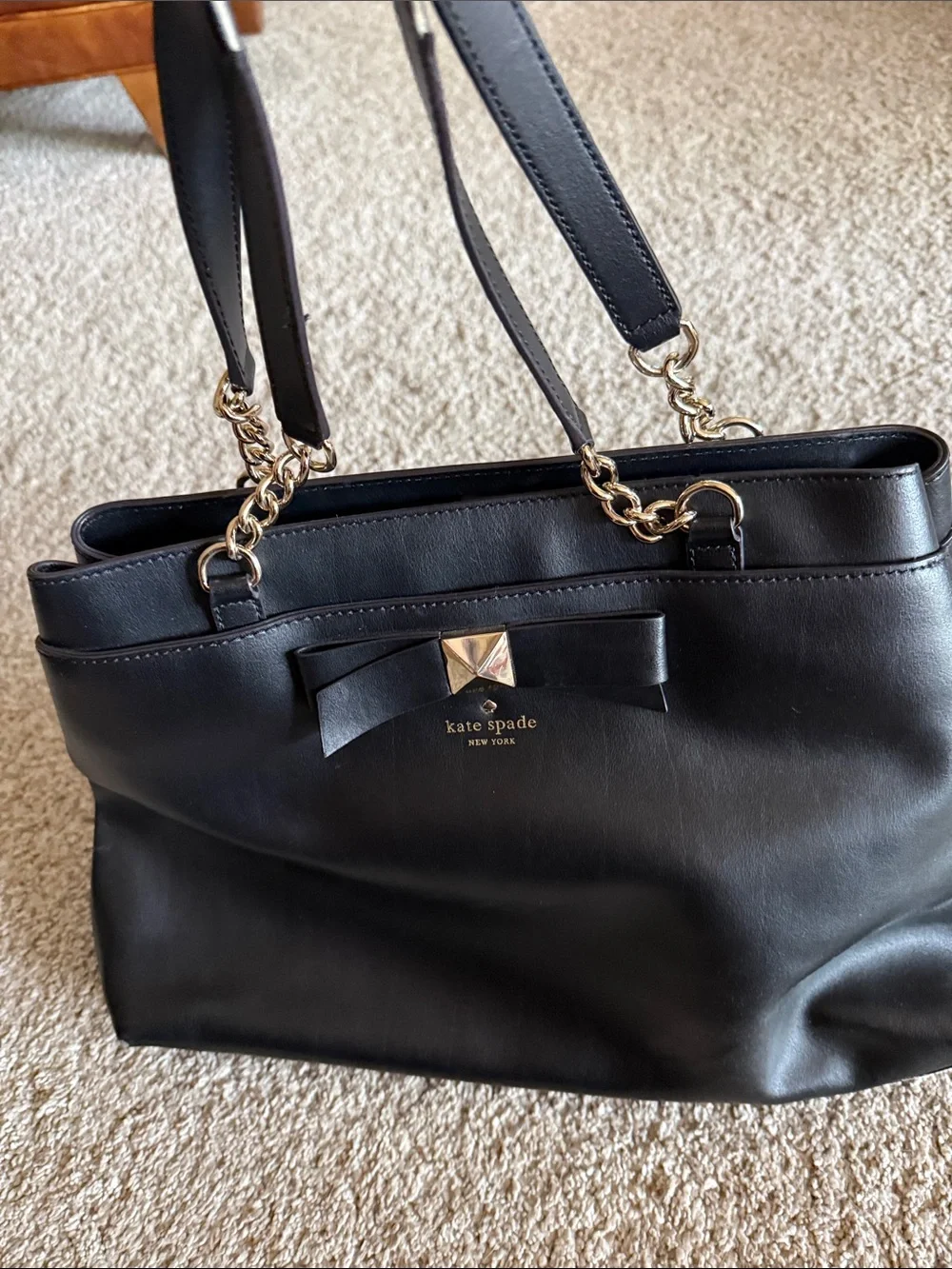 kate spade Black Leather Bow-Accent Tote with Gold Chain Straps